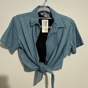 American Apparel Denim Tie Front Blouse + Ribbed Button Top Set XS/S